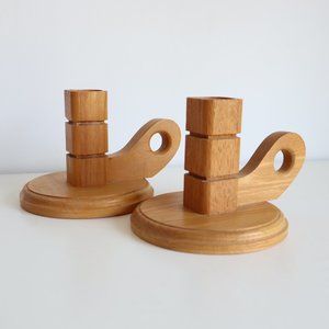 Set of 2 Vintage Wooden Chamberstick Candle Holders